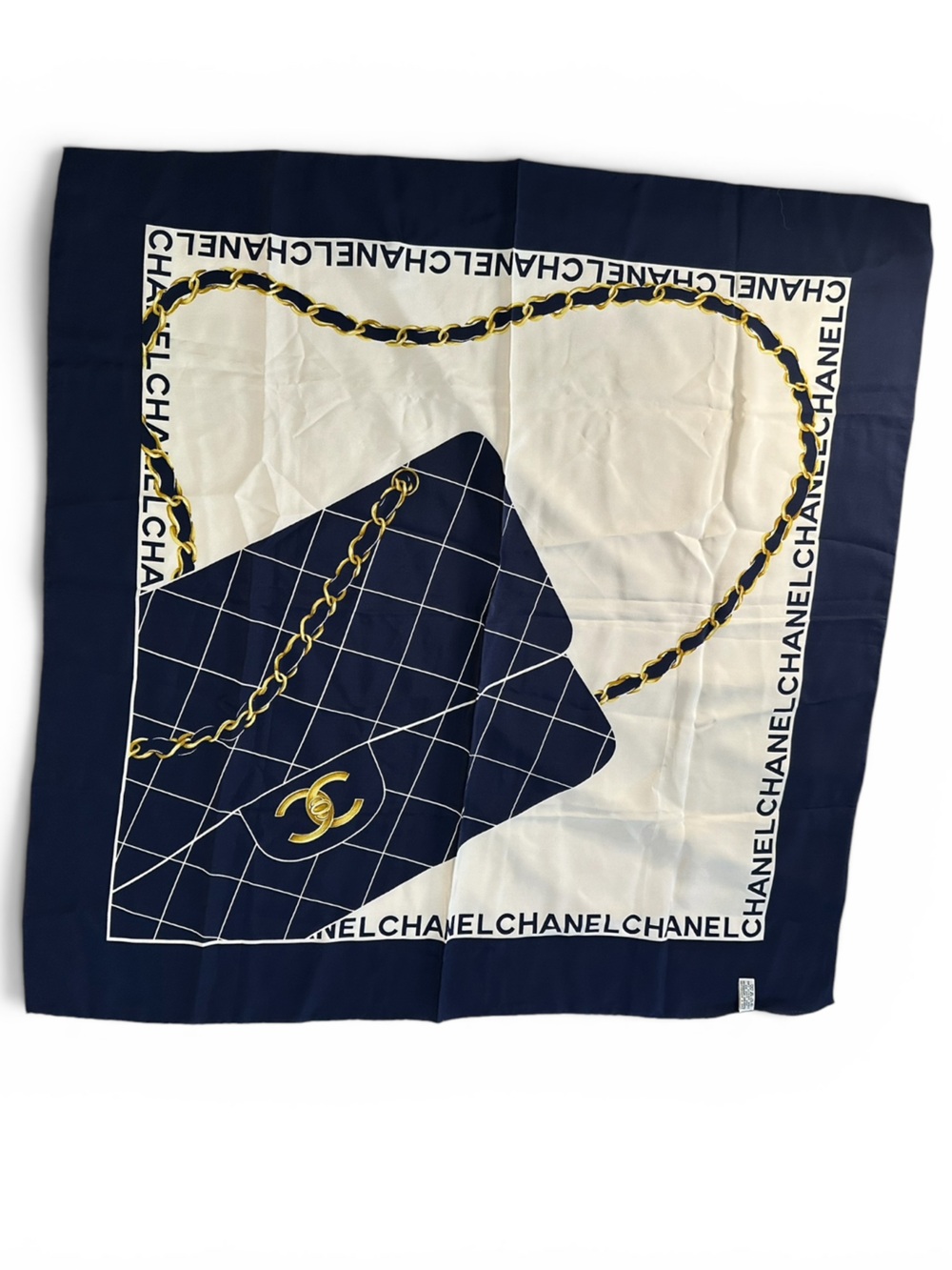 Chanel Vintage Silk Scarf Navy Blue CC Chain Print Large Square Made in Italy